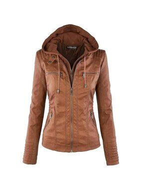 Women Brown Hooded Faux Leather Polyester  Zipper Motorcyle Jacket